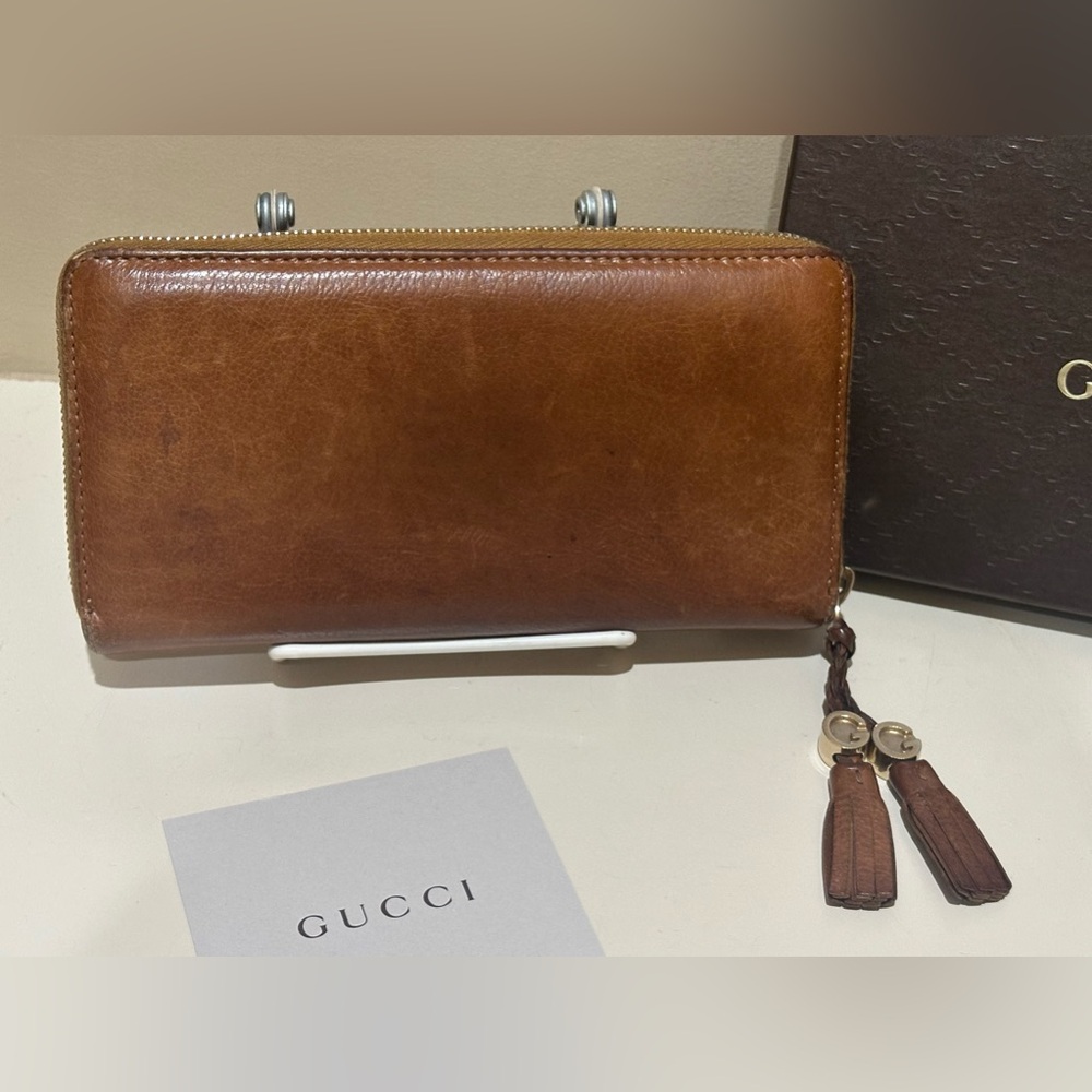 Gucci Long Zippy Tan Marrakech Leather Wallet w/GG Braid Tassels - Picture 2 of 13